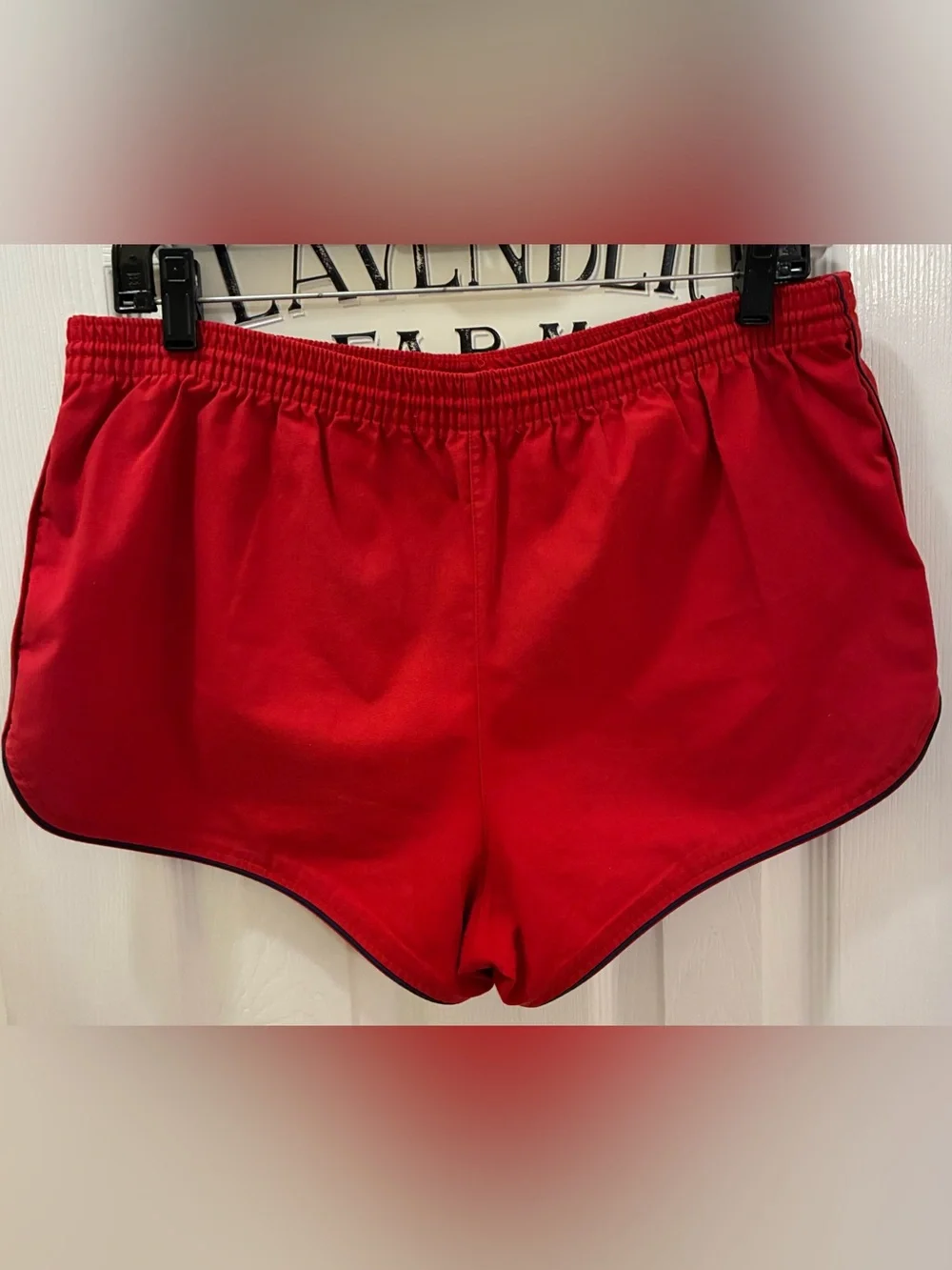 Vintage Christian Dior Men’s Red Dolphin Hem Swim Trunks with Navy Piping